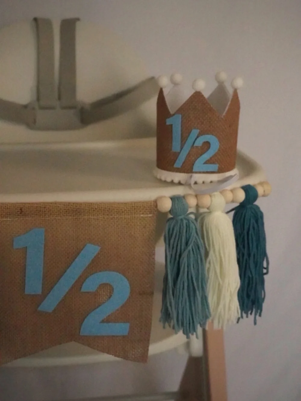 Half Birthday High Chair Banner & Tassel Garland - Blue and Cream